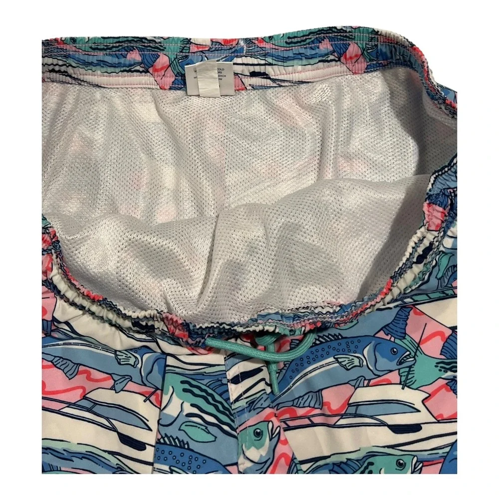 Vineyard Vines Men's L Swim Trunks Fish Print Drawstring‎ Lined Pockets Blue